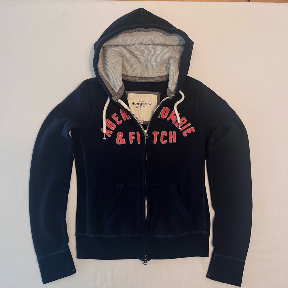 Abercrombie & Fitch Vintage Y2K Full-Zip Navy Blue Hoodie Pink Spell Out Logo M